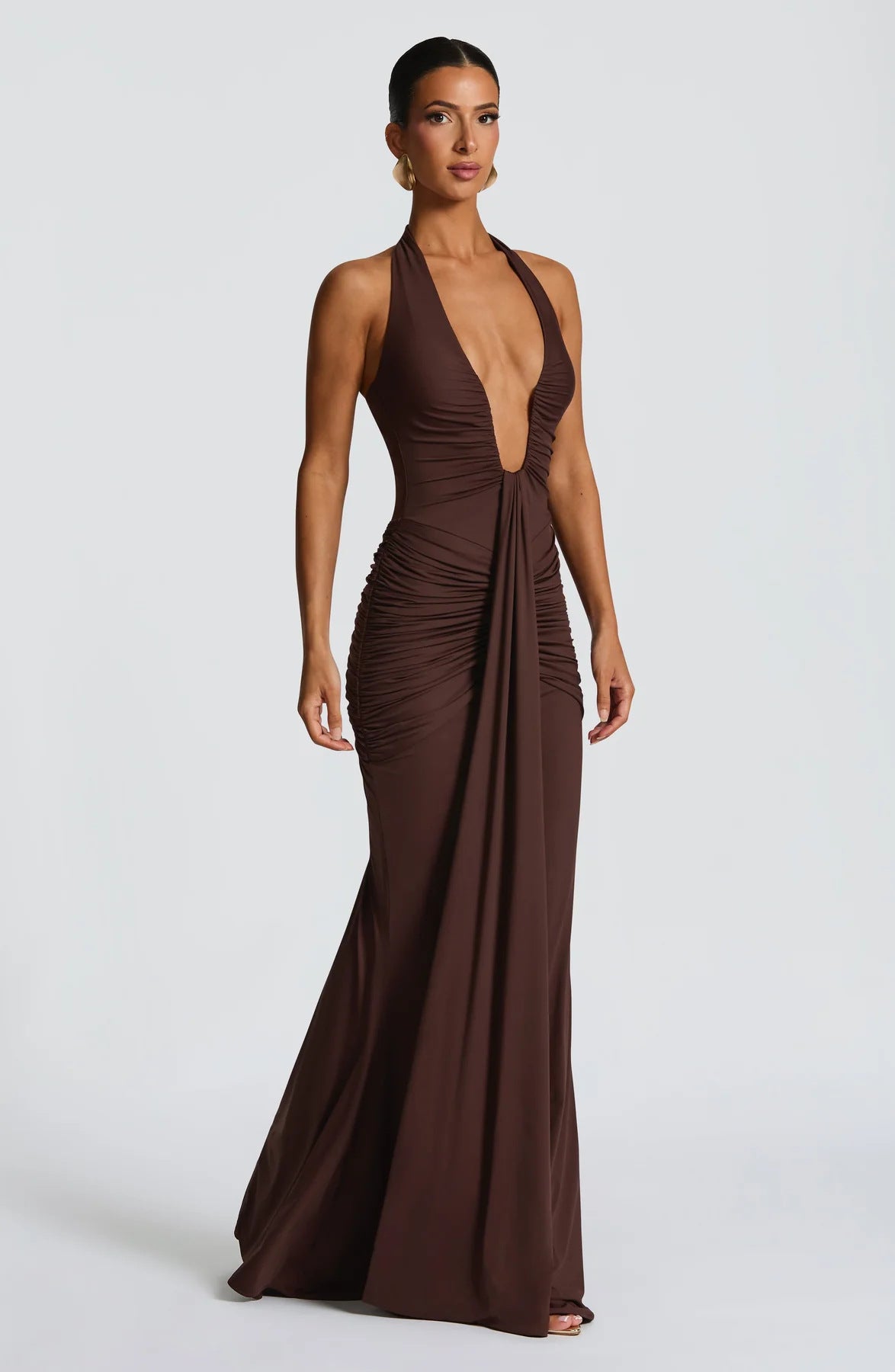 Solid Color Halterneck V-neck Open Back Tie Gathered Maxi Dress