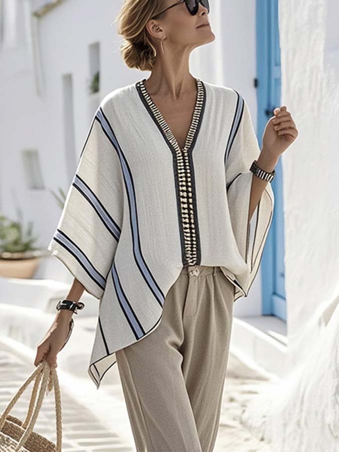 Women'S Loose Striped Print Irregular Hem Top
