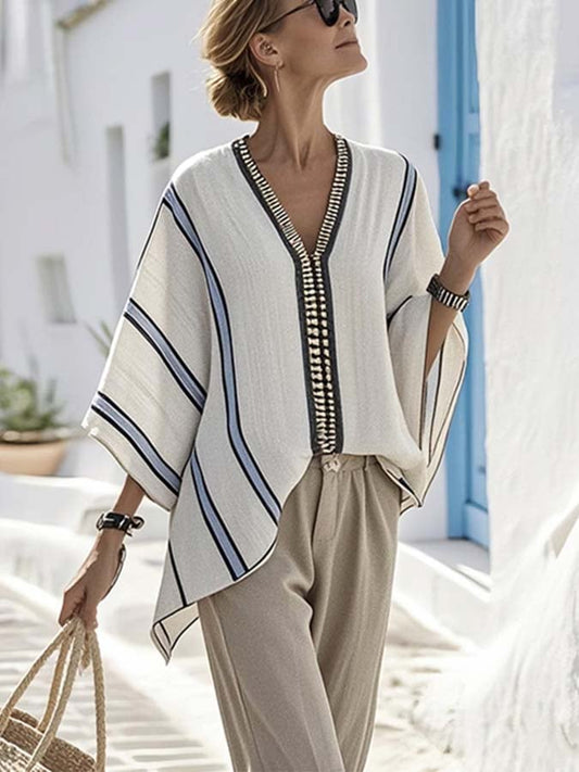 Women'S Loose Striped Print Irregular Hem Top