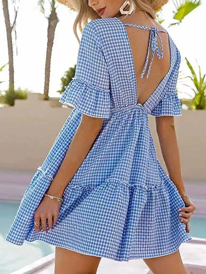 Women'S Casual V-Neck Short-Sleeved Plaid Print Ruffle Stitching Dress