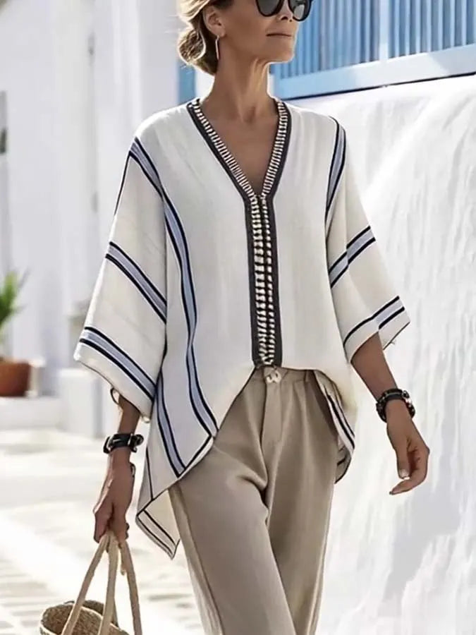 Women'S Loose Striped Print Irregular Hem Top