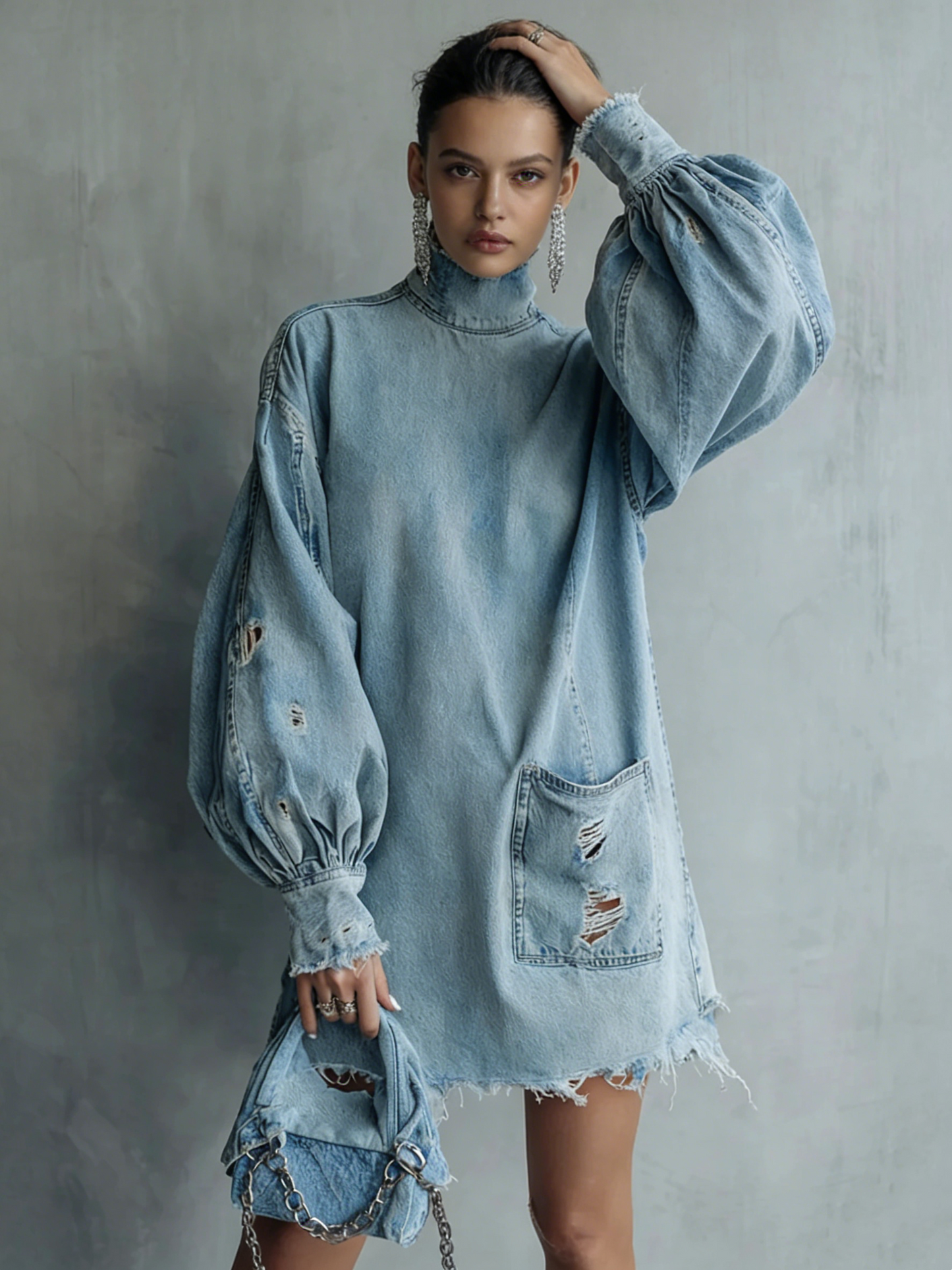 Distressed Denim High-Neck Mini Dress