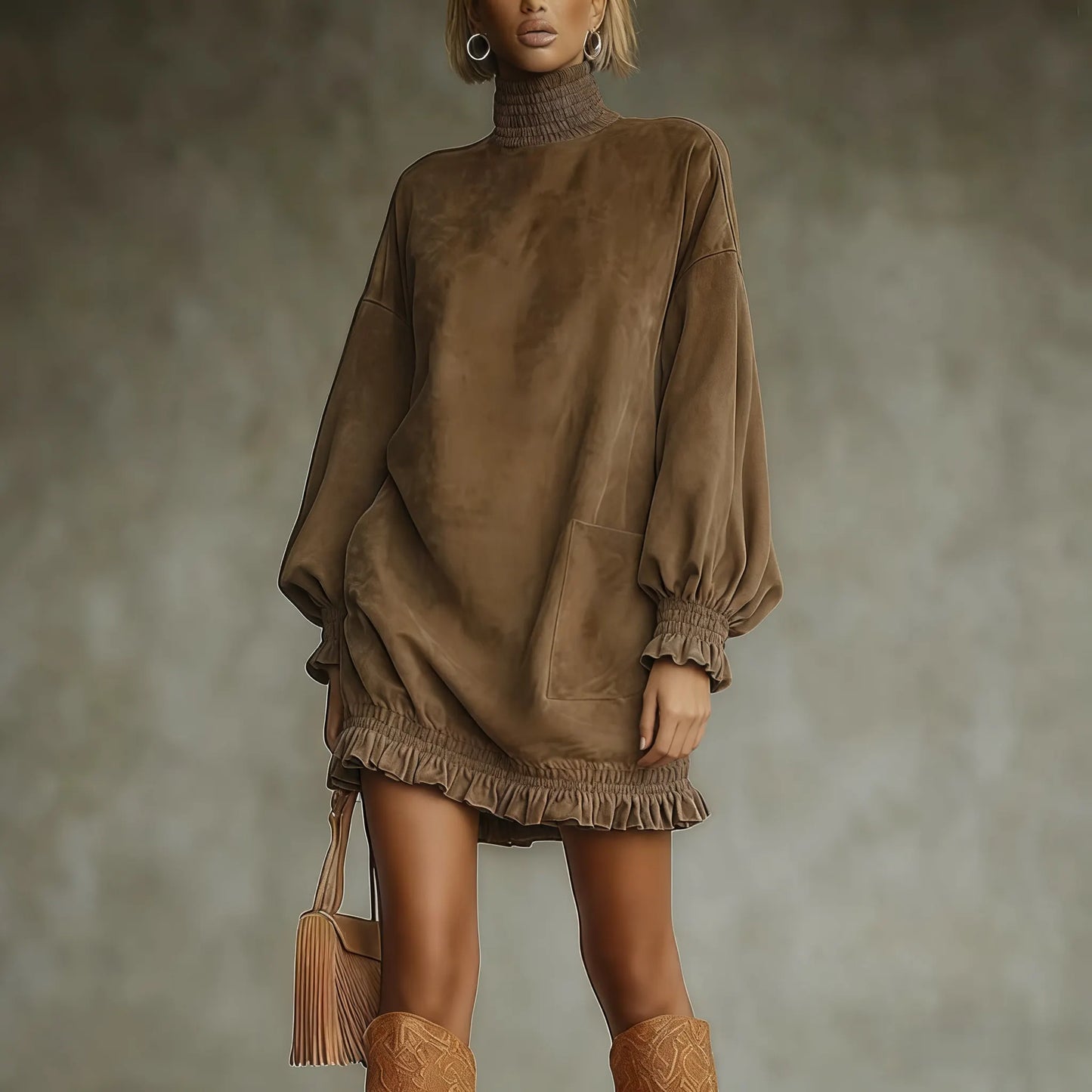 Sierra Suede Smocked Mini | Voluminous Balloon Sleeves & Utility Pockets