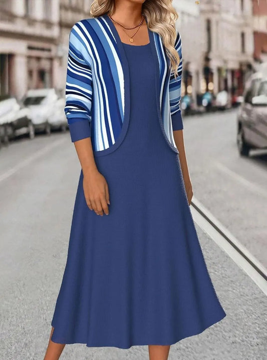 Women's Casual Round Neck Contrast Color Printed Vest Dress and Cardigan Set
