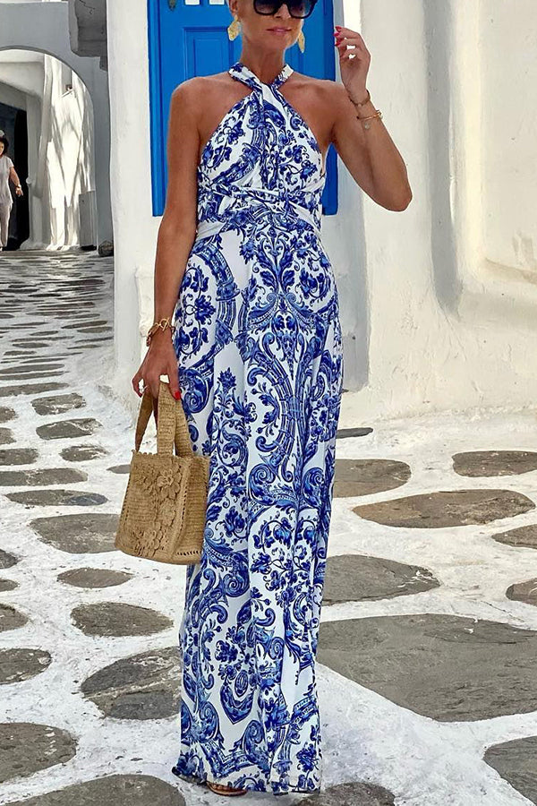 Vintage Blue White Baroque Print Halter Maxi Dress Sleeveless Vacation Summer Dress