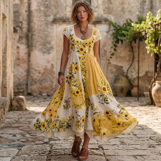 🌻 Women's Sunflower Embroidered Color Block Boho Midi Dress
