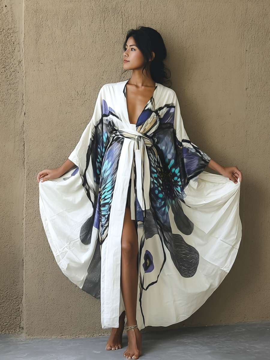 Women's Blue Floral Kimono Linen Robe (Including Belt)
