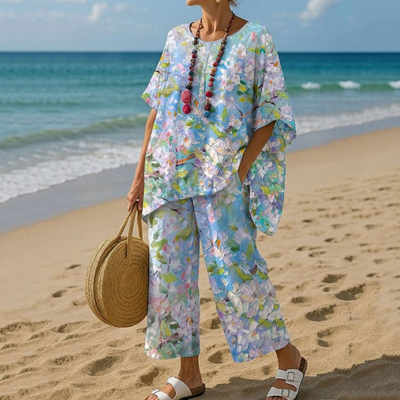 Women's Oil Painting Flowers Print T-shirt And Pants Two Piece Set