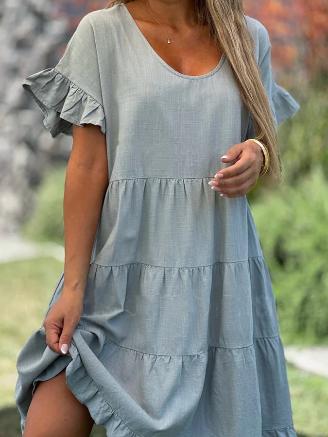 Women's Round Neck Solid Color Large Hem Casual Ruffle Sleeve Cotton And Linen Dress