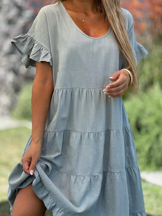Women's Round Neck Solid Color Large Hem Casual Ruffle Sleeve Cotton And Linen Dress