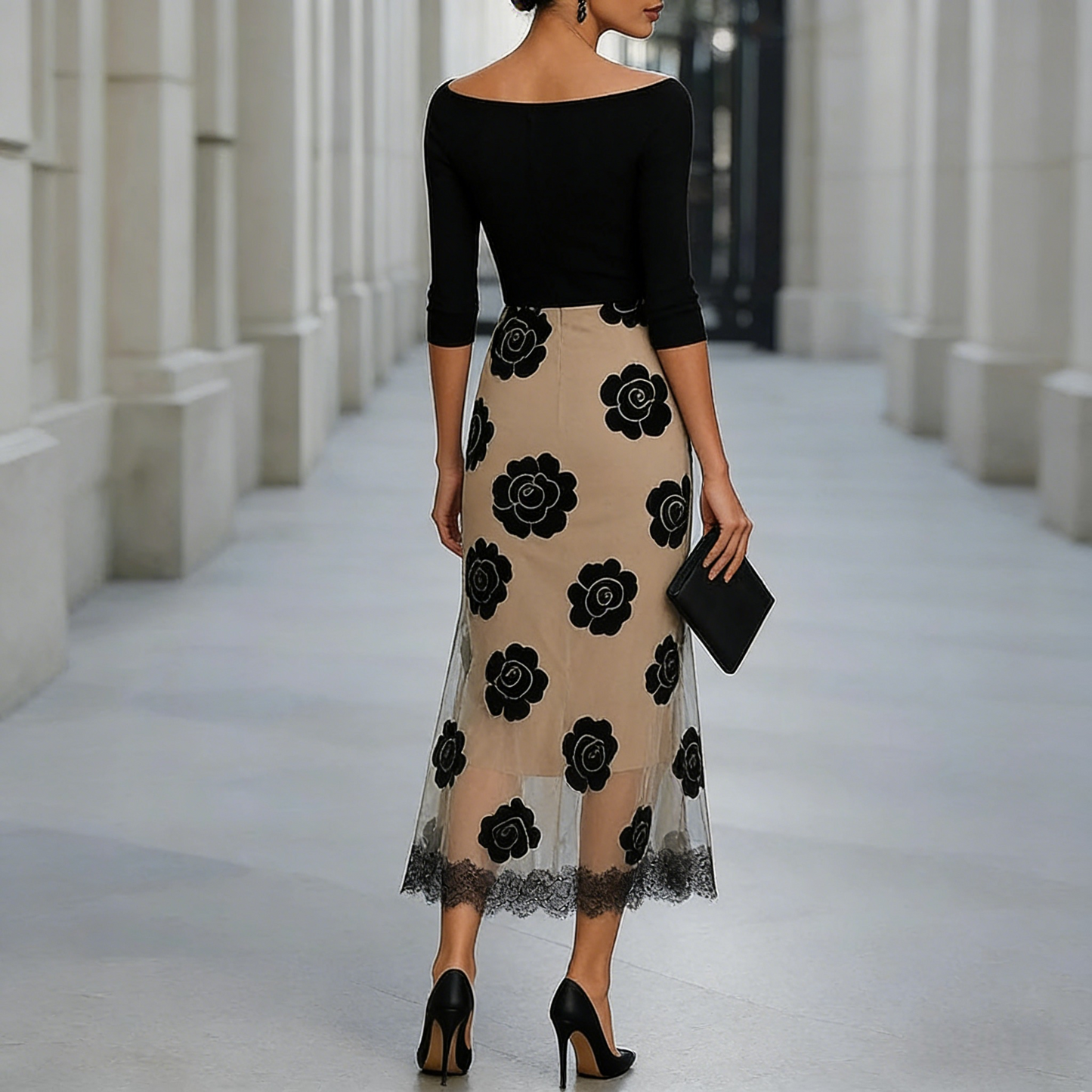 Elegant Off-Shoulder Top & Floral Lace-Hem Midi Skirt Set