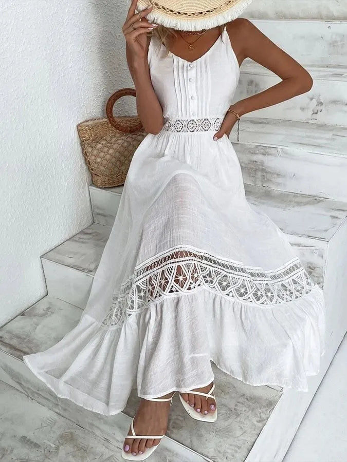 Women's Casual Solid Color Suspender Lace Pleated Dress
