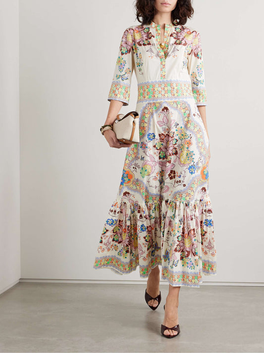 Gathered Floral-Print Cotton-Blend Poplin Midi Dress