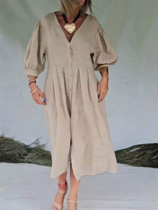 Ladies Casual V-neck Lantern Sleeve Solid Color Cotton and Linen Dress