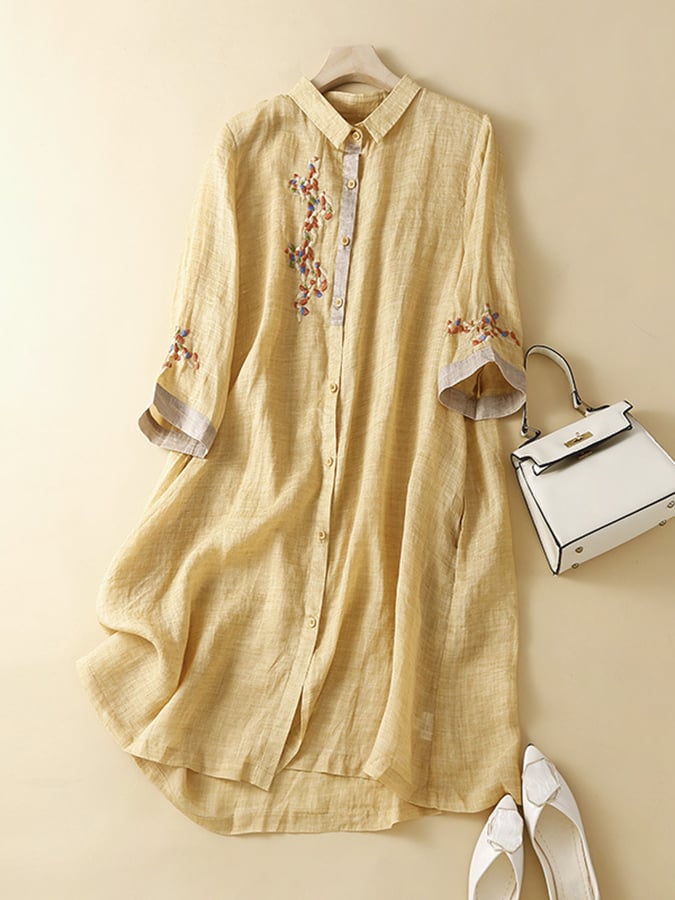 Cotton And Linen Embroidered Contrasting Ethnic Style Dress