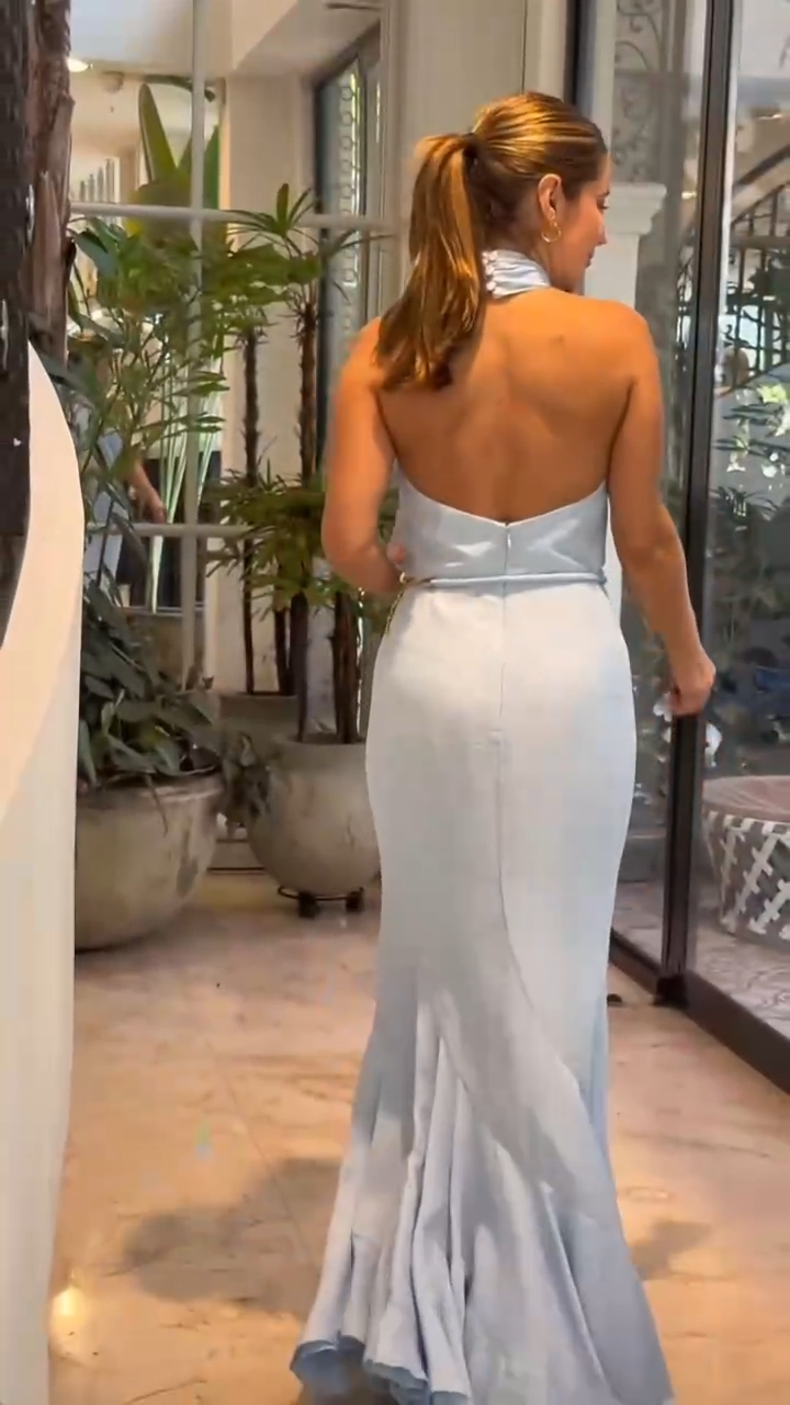 Light Blue Halter Neck Mermaid Maxi Dress