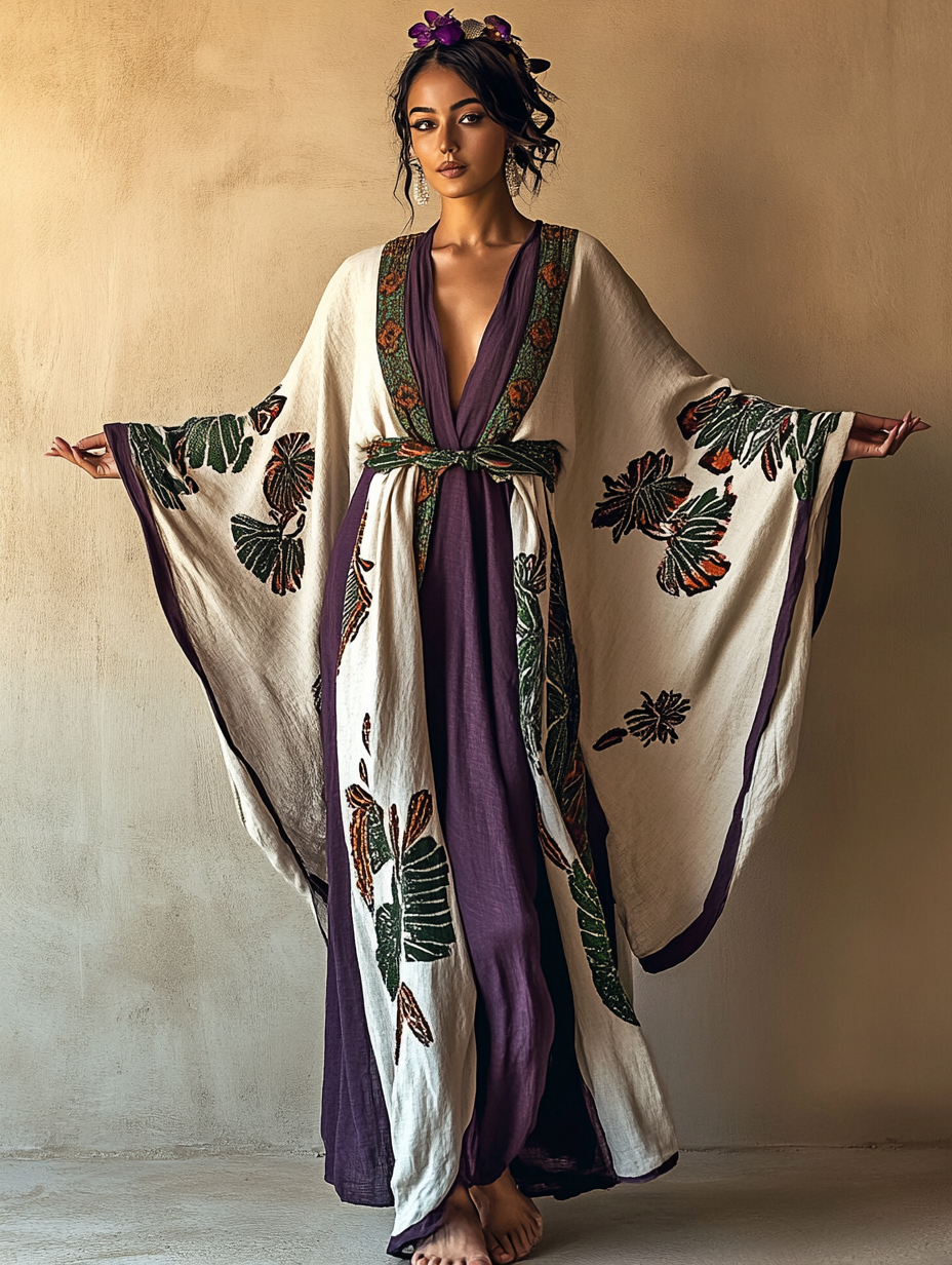 Women's Purple Apricot Leaf Kimono Linen Robe (Including Belt)