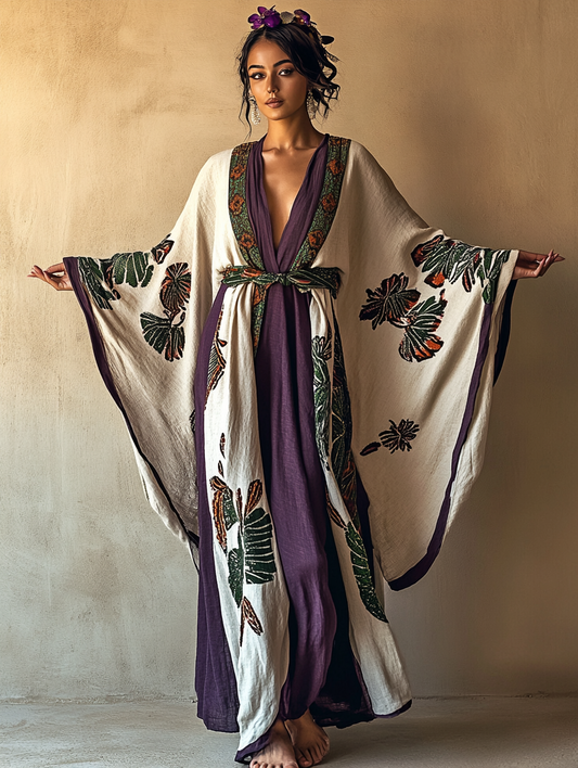 Women's Purple Apricot Leaf Kimono Linen Robe (Including Belt)