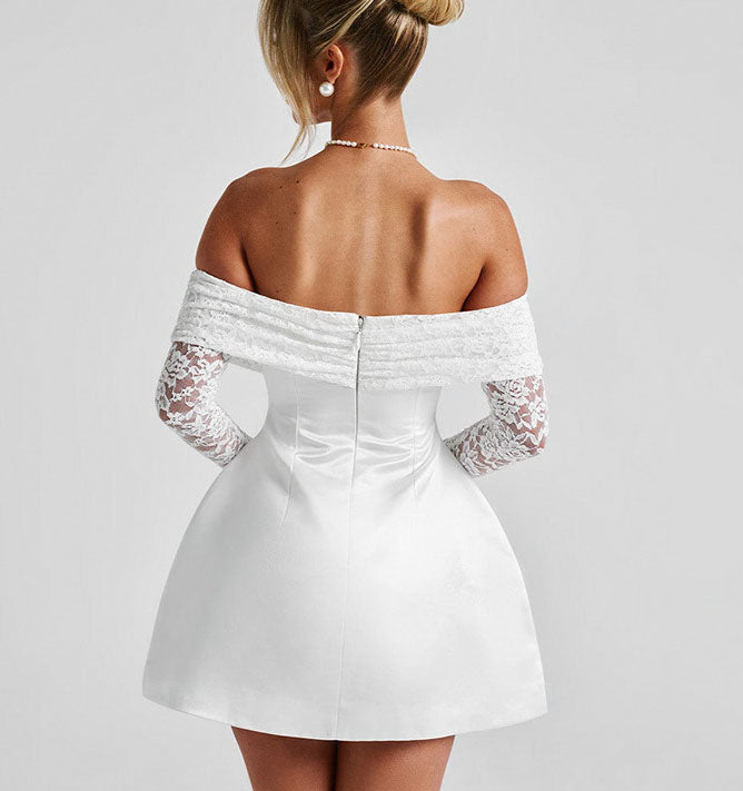 Off-Shoulder Lace Sleeve Satin Homecoming Dress