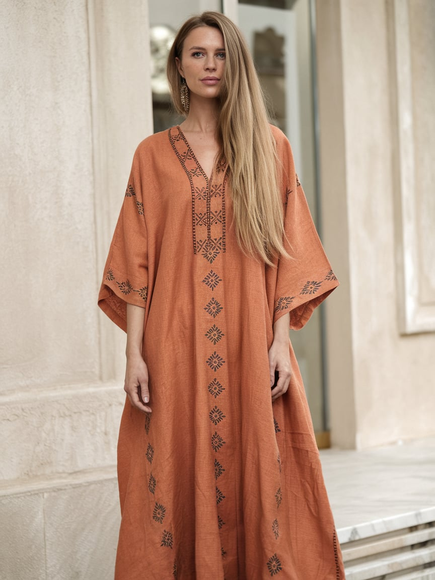 Contton & Linen Long Sleeve Kaftan Maxi Dress