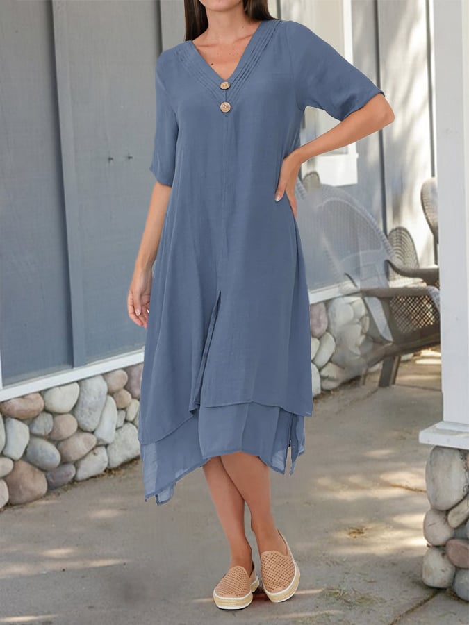 Cotton And Linen Double-Layer Slit V-Neck Art Dress
