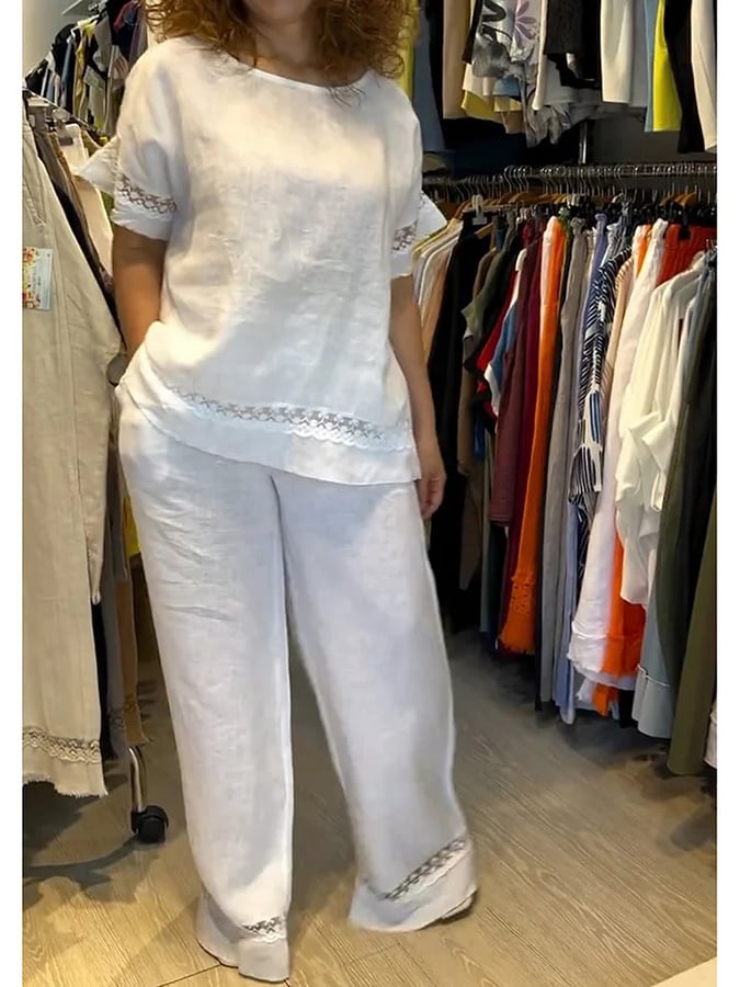 Women's casual round neck lace patchwork short sleeve shirt suit