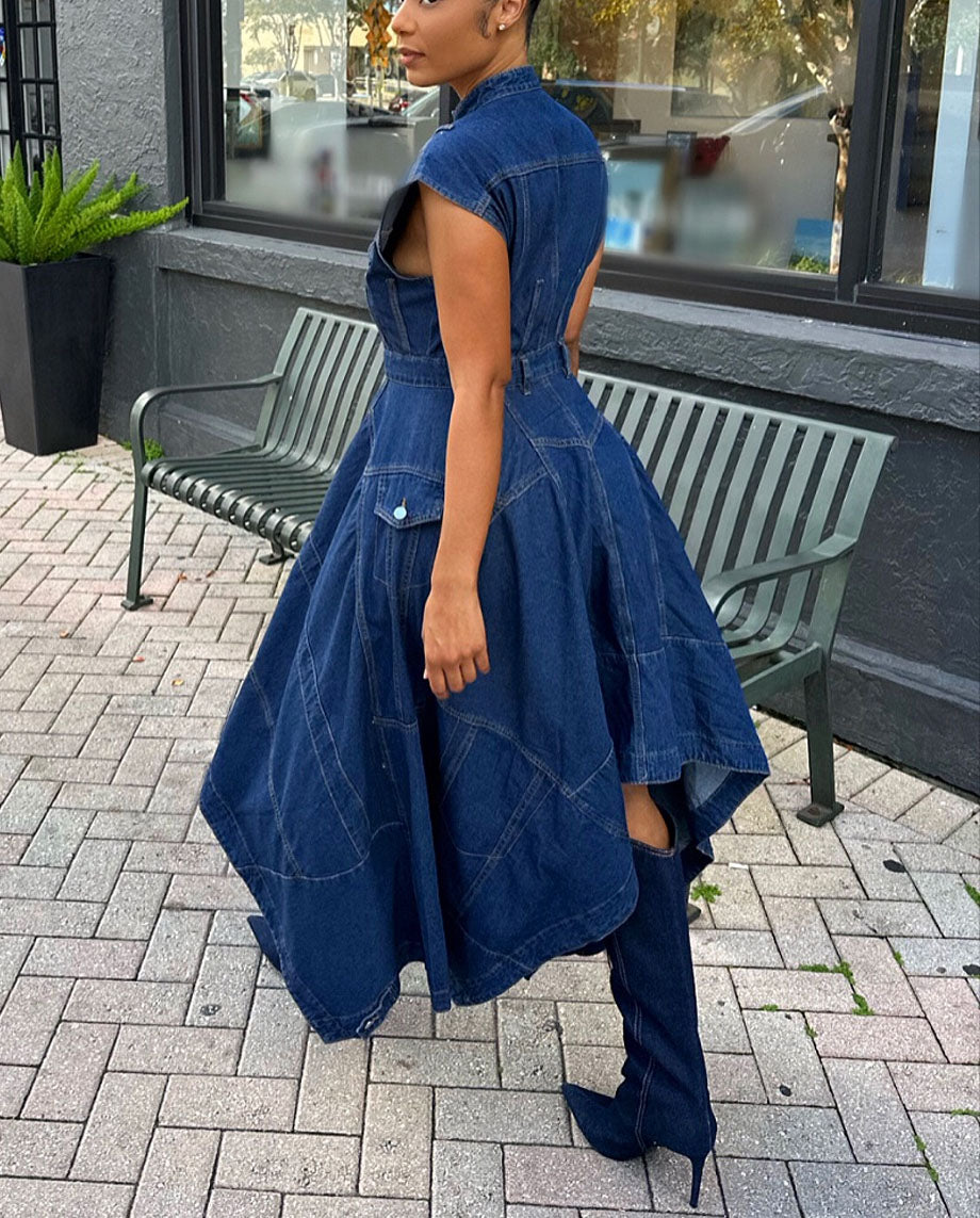 High Neck Sleeveless Denim Midi Dress with Asymmetric Hem
