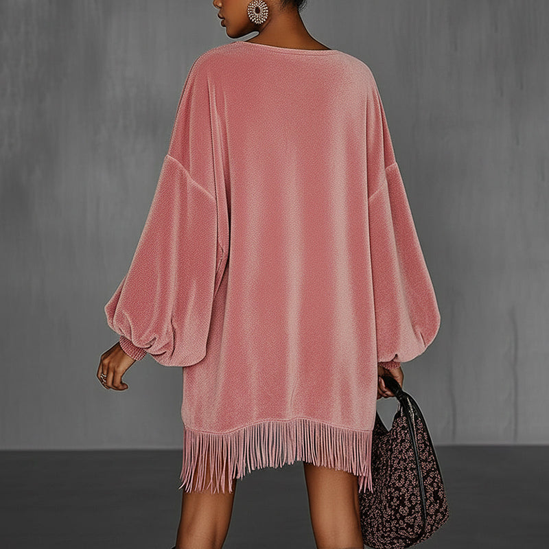 Rosy Retro Velvet Mini | Voluminous Balloon Sleeves & Playful Fringe Hem