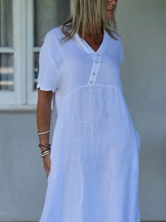 Women'S  Casual Solid Color V-Neck Shirt Dress