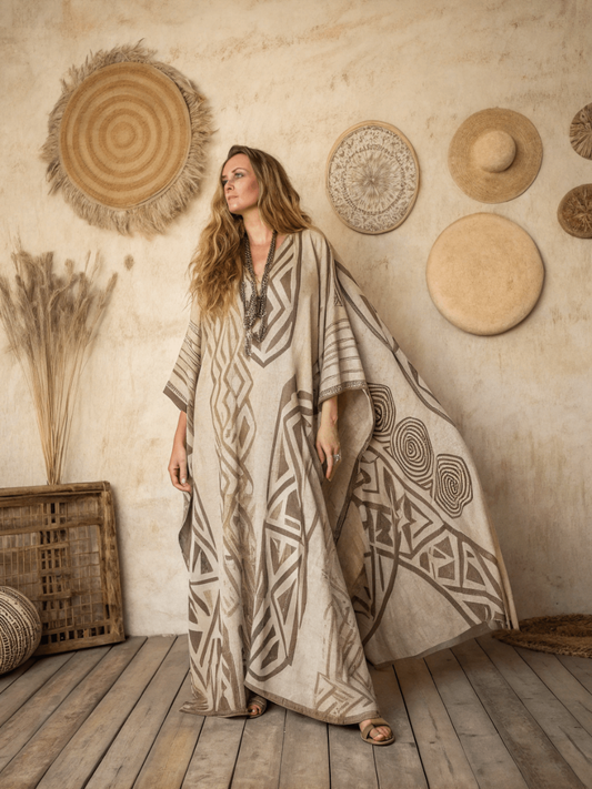 Linen Printed Kaftan Maxi Dress