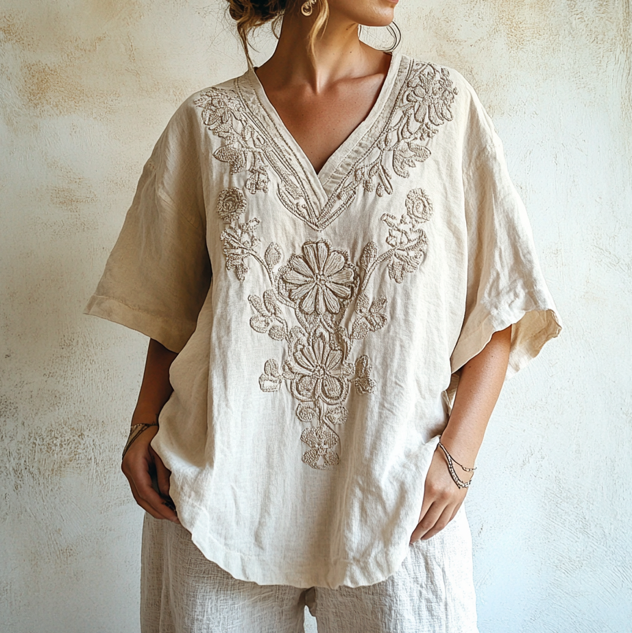 Vintage Floral Lace Art Comfy V Neck T Shirt