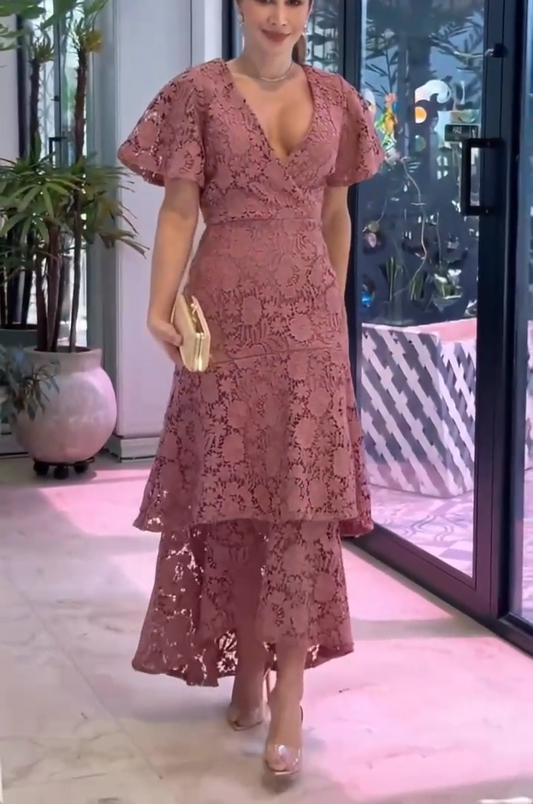 Elegant V-Neck Flutter Sleeve Lace Evening Gown