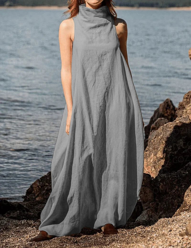 Women's Stand Collar Back Pleated Linen Maxi Dress