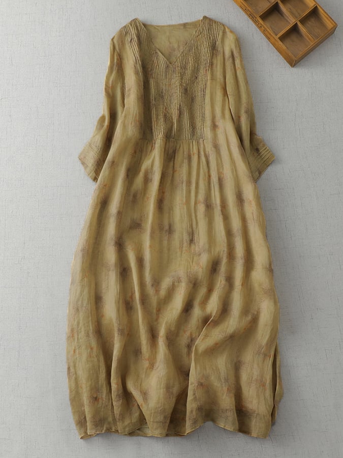 Printed V-Neck Minimalist Thin Linen A-Line Dress