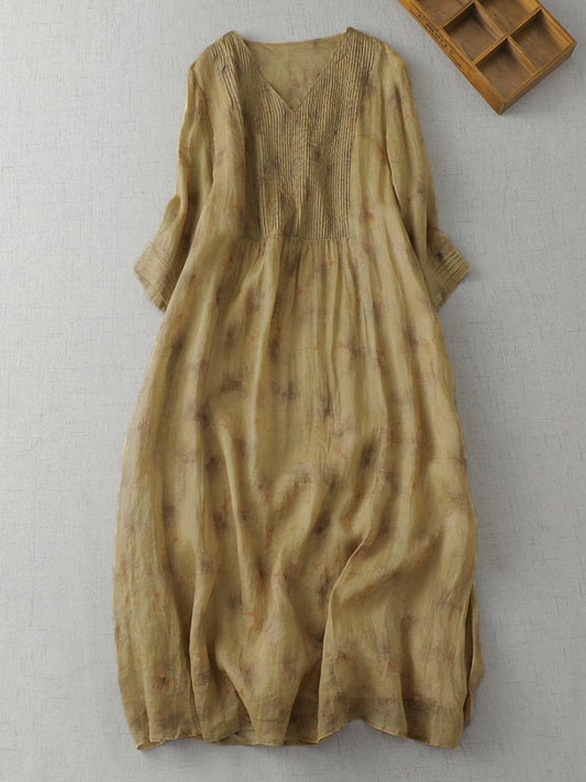 Printed V-Neck Minimalist Thin Linen A-Line Dress