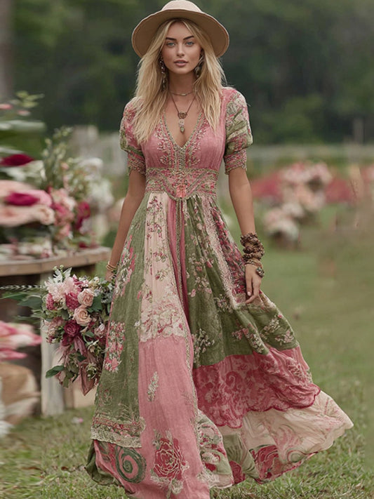 Vintage Boho Floral Patchwork V Neck Flowy Maxi Dress