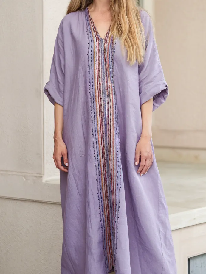Contton & Linen Long Sleeve Kaftan Maxi Dress