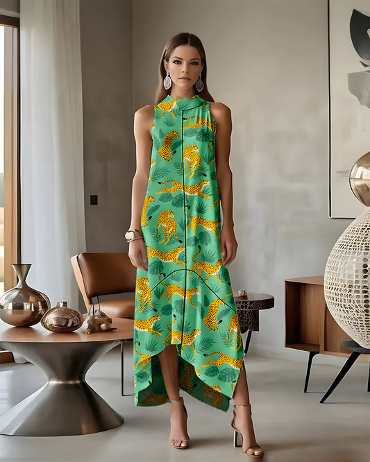 Tiger Pattern Stand Up Collar Sleeveless Asymmetrical Hem Long Skirt
