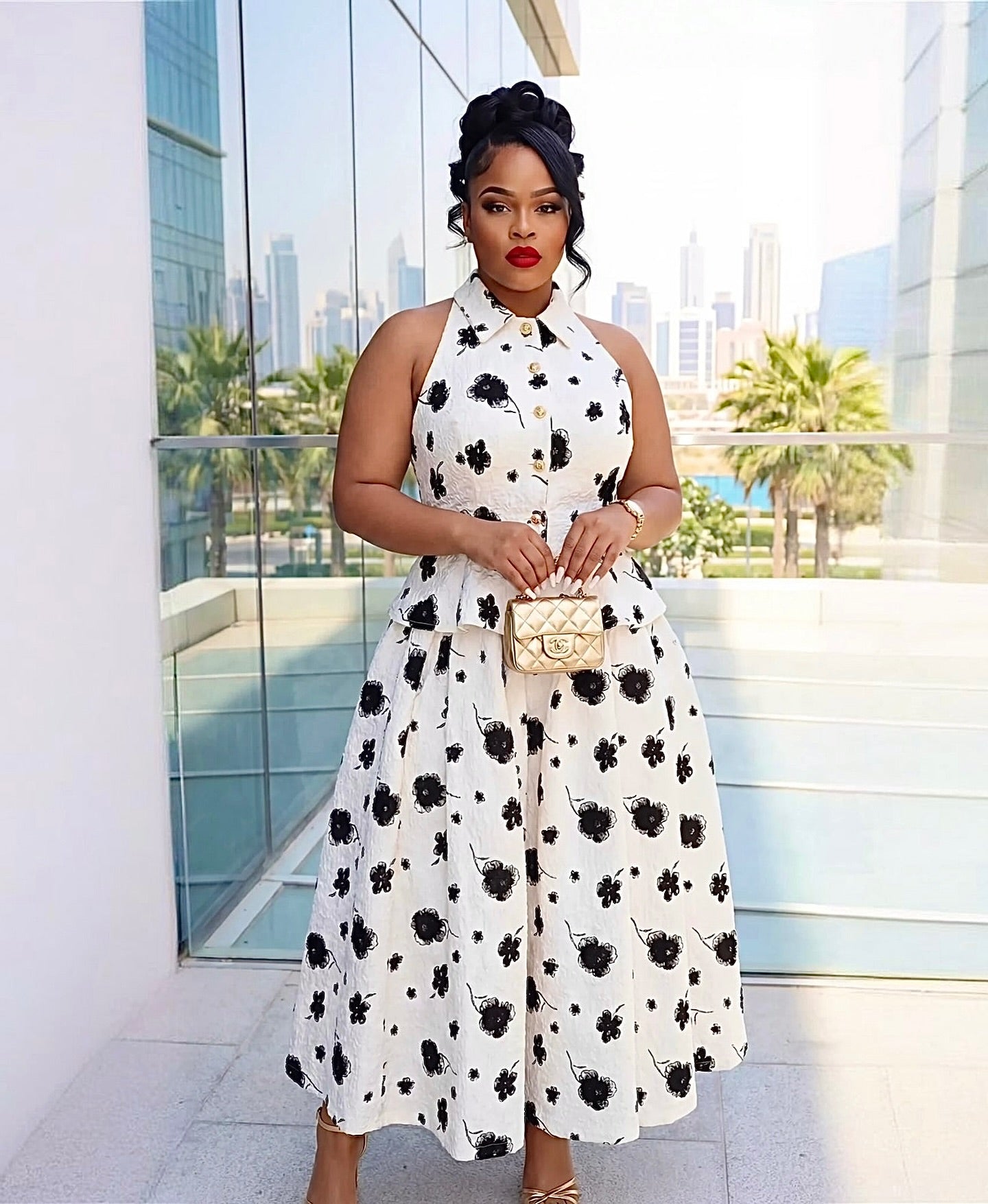 Black Floral Print Halter Neck Midi Dress
