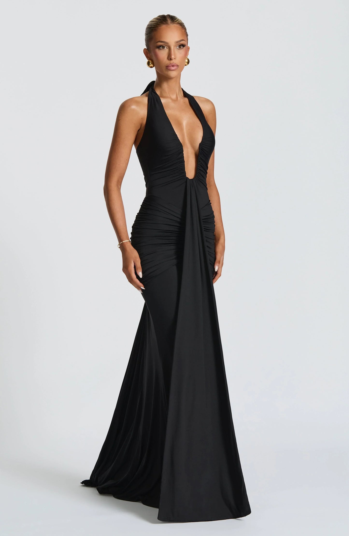 Solid Color Halterneck V-neck Open Back Tie Gathered Maxi Dress