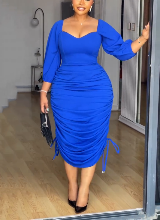 Royal Blue Ruched Bodycon Midi Dress with Puff Sleeves