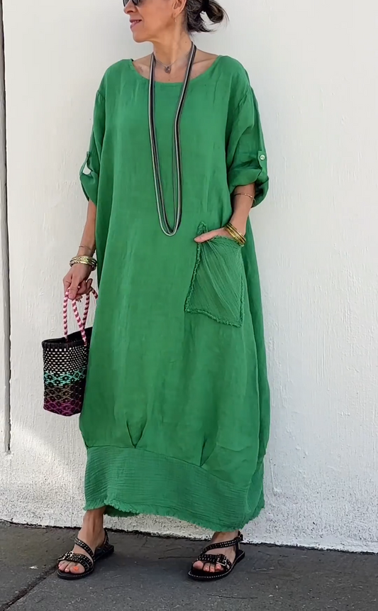 Oversized Linen Maxi Dress with Fringe Hem & Patch Pocket