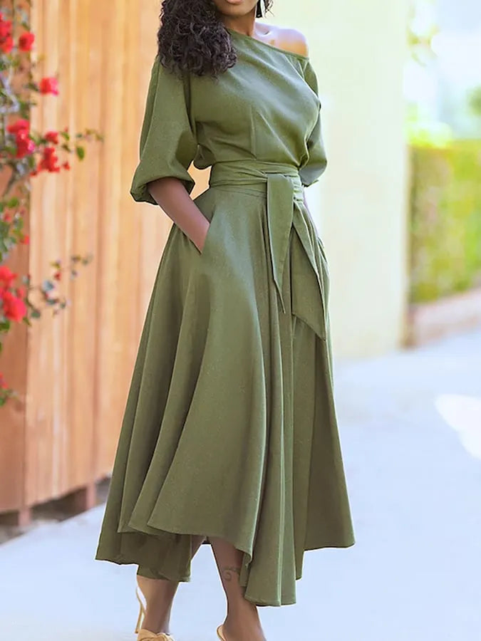 Slash Collar Tie Waist Pocket Dress