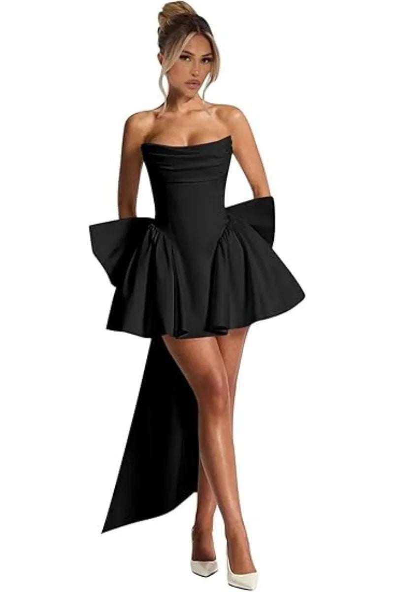 Strapless Satin Corset Homecoming Dress with Back Bow & Train