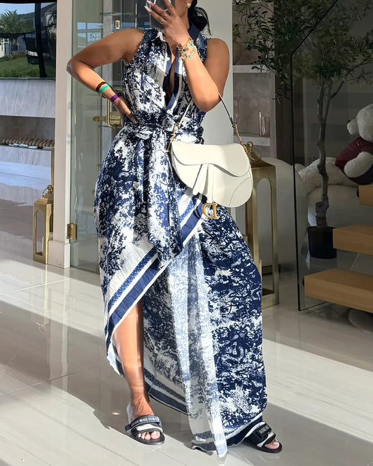 Vintage Ink Print Turn-down Collar Sleeveless Button Front Maxi Dress Casual Zipper Back Tie Waist Side High Slit Vacation Dress with Belt