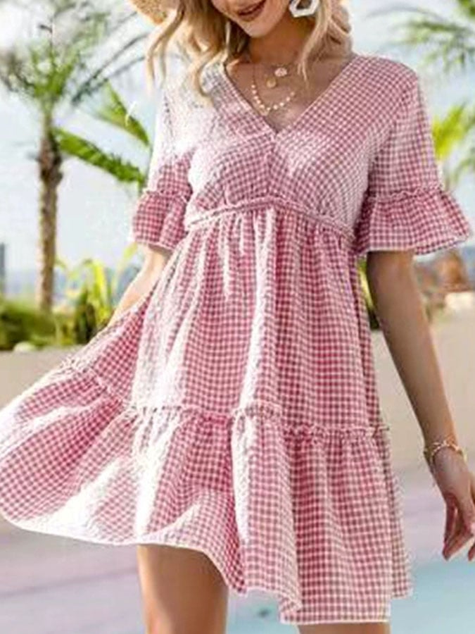 Women'S Casual V-Neck Short-Sleeved Plaid Print Ruffle Stitching Dress