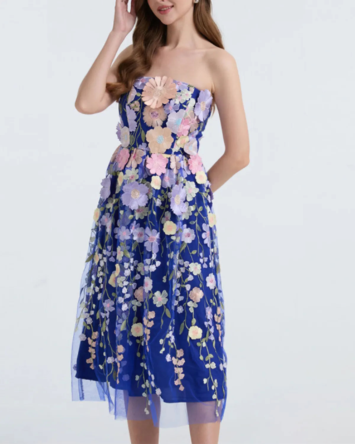 Embroidered 3D Applique Strapless Midi Dress
