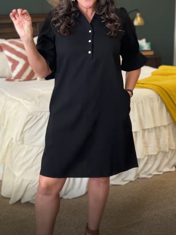 Women'S V-Neck Lotus Sleeve Cotton And Linen Dress
