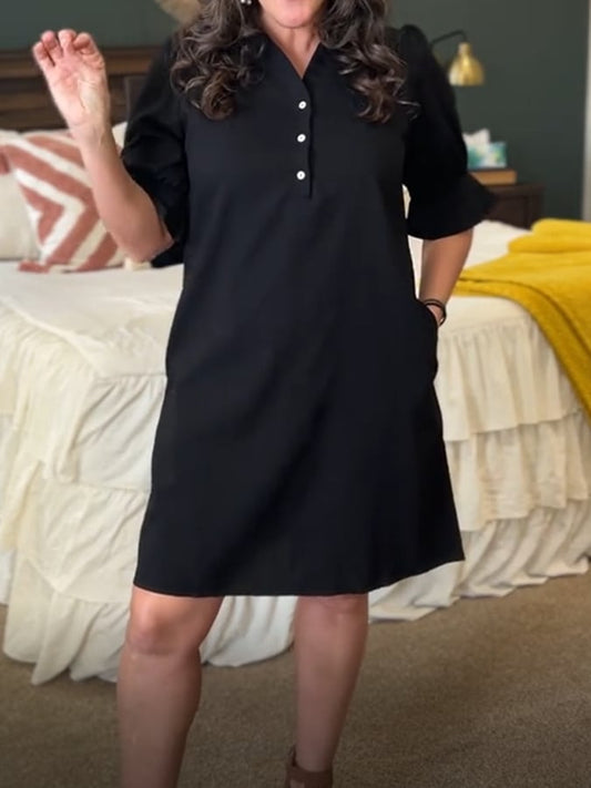 Women'S V-Neck Lotus Sleeve Cotton And Linen Dress
