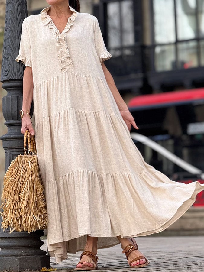 Women's Casual Solid Color Tie-Strap Lotus Leaf Century Shirt Dress